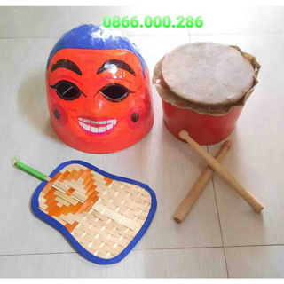 Combo đầu ông địa + trống lân (gồm quạt và 2 dùi)