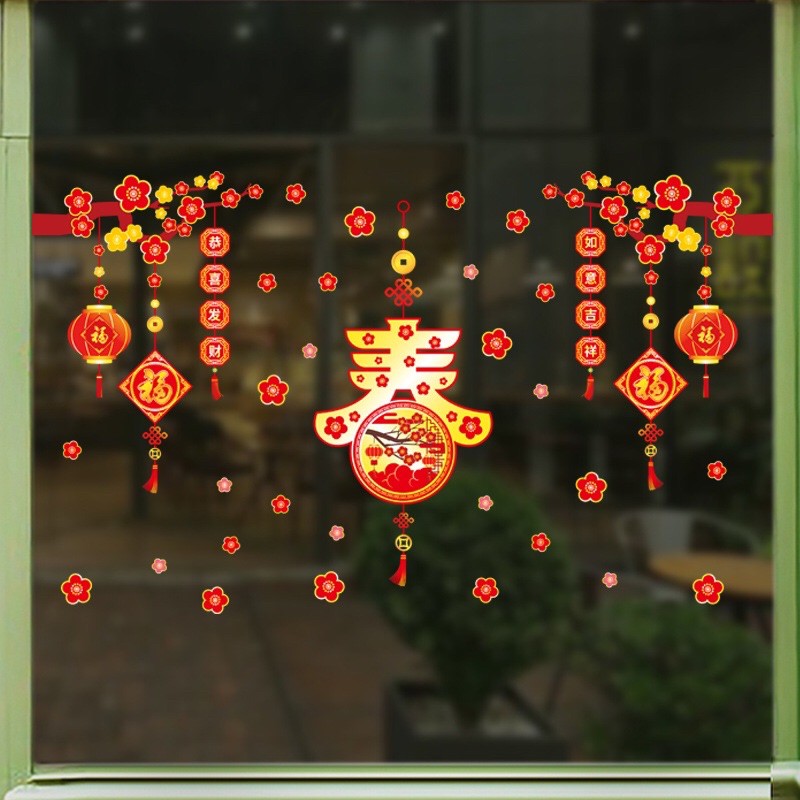 Decal dán tường tết HÍT TĨNH ĐIỆN Mai đỏ Chữ PHÚC viền