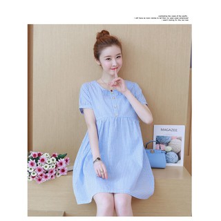 Váy bầu kẻ caro xanh nơ cổ