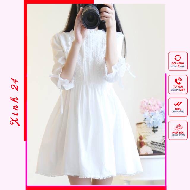 Đầm váy babydoll trắng tay nơ (kèm hình thật)