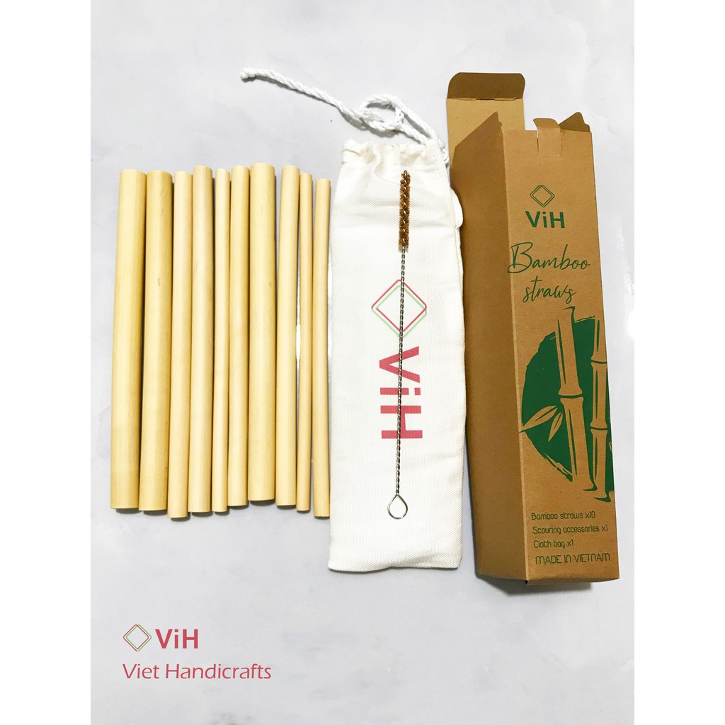 Ống hút tre thiên nhiên đủ size - Việt Handicraft (10 ống hút tre + 1 cọ xơ dừa + 1 túi vải + 1 hộp giấy)