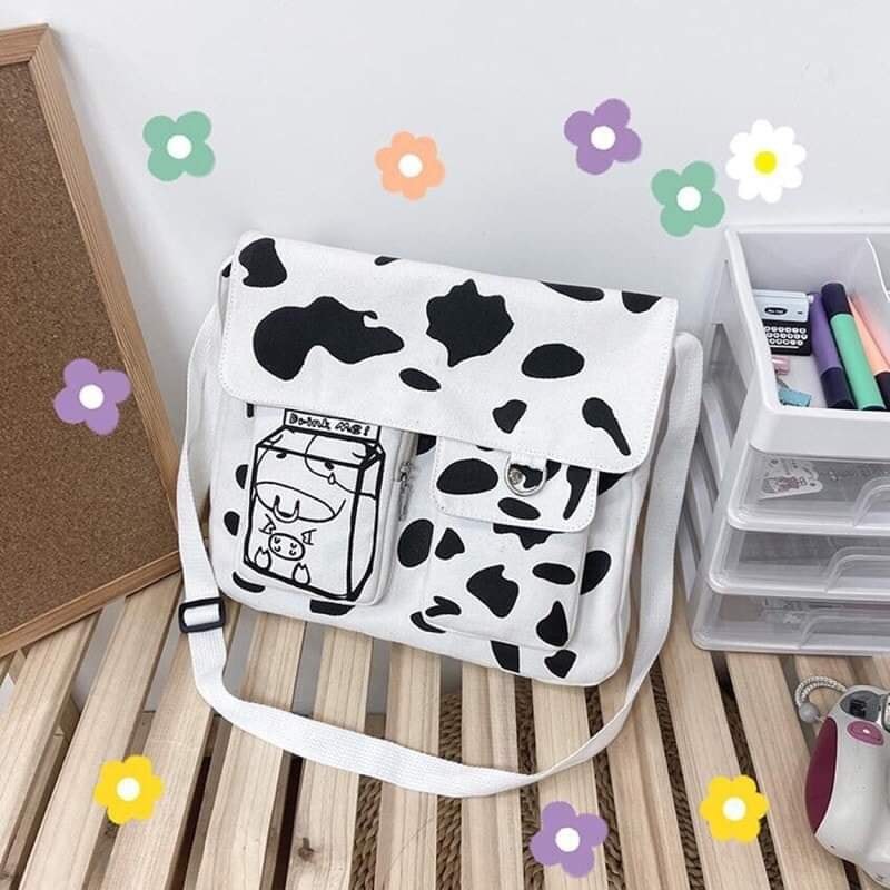 Túi xách đeo chéo nữ kiểu dáng mini bag Hàn Quốc thời trang canvas khóa kéo hai bò sữa ngăn ngang