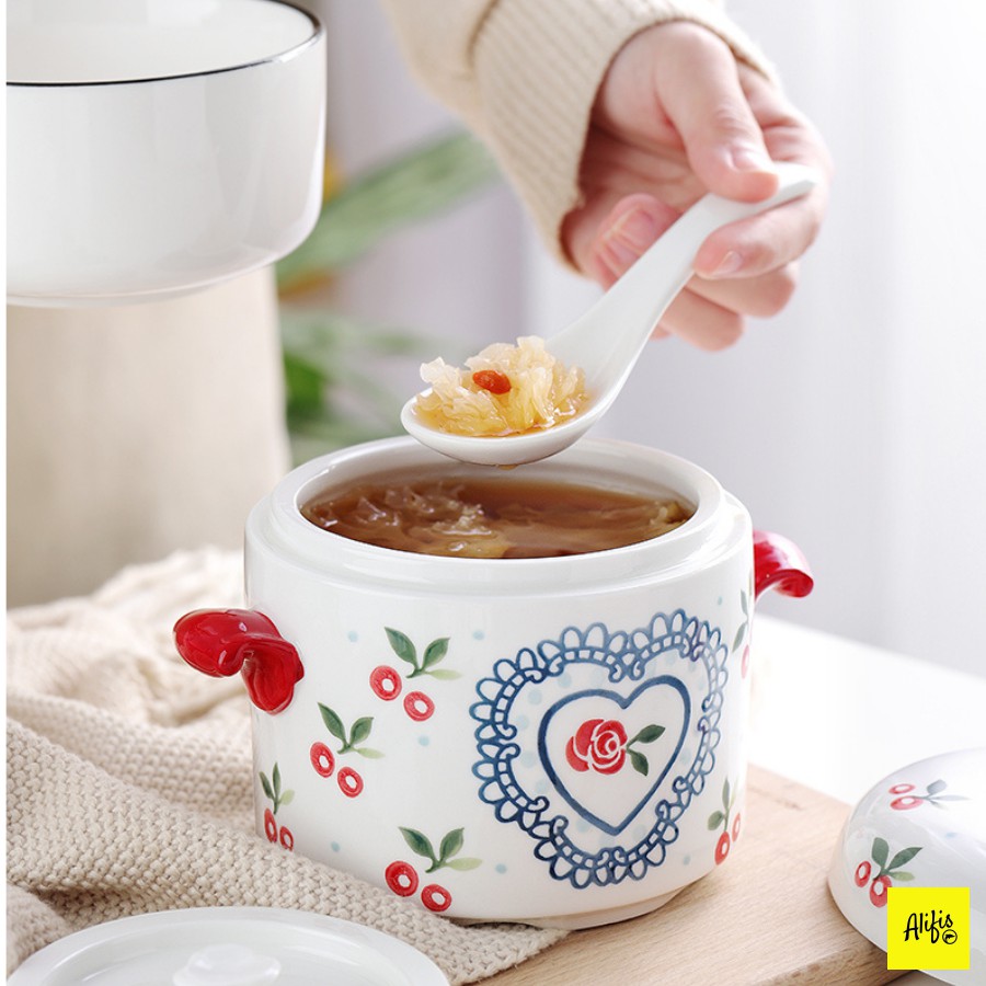 Thố chưng yến, cốc chưng yến bằng sứ 450 & 650ml họa tiết Cherry phong cách Hàn Quốc
