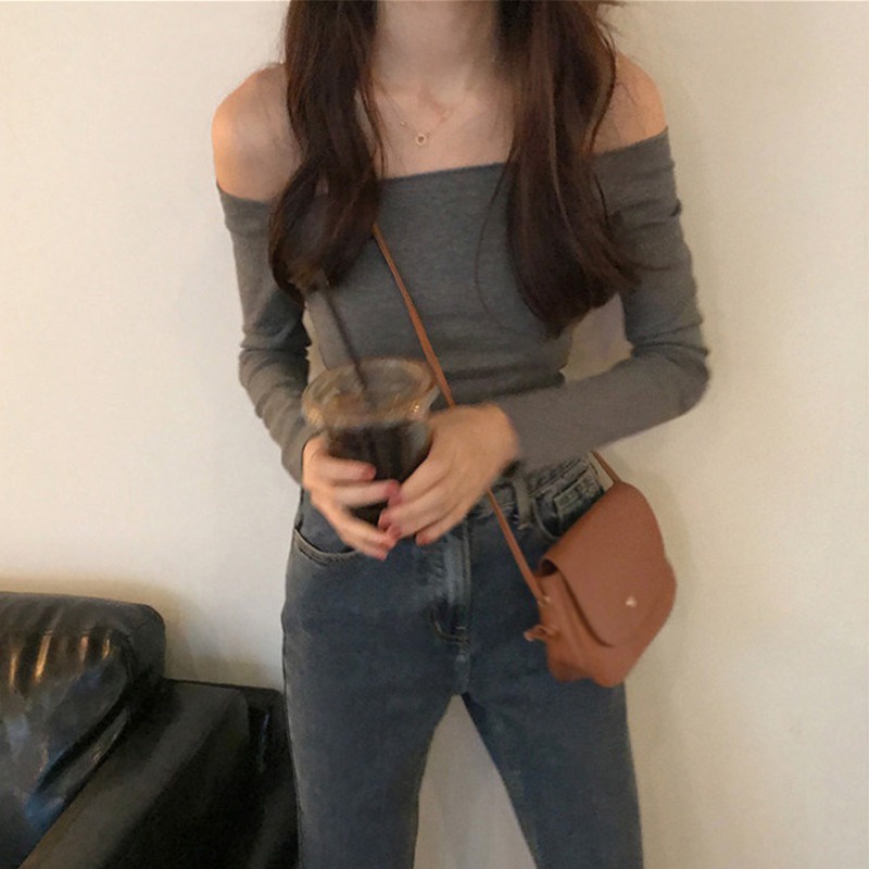 Áo Thun Tay Dài Lệch Vai Màu Sắc Đơn Giản Cho Nữ