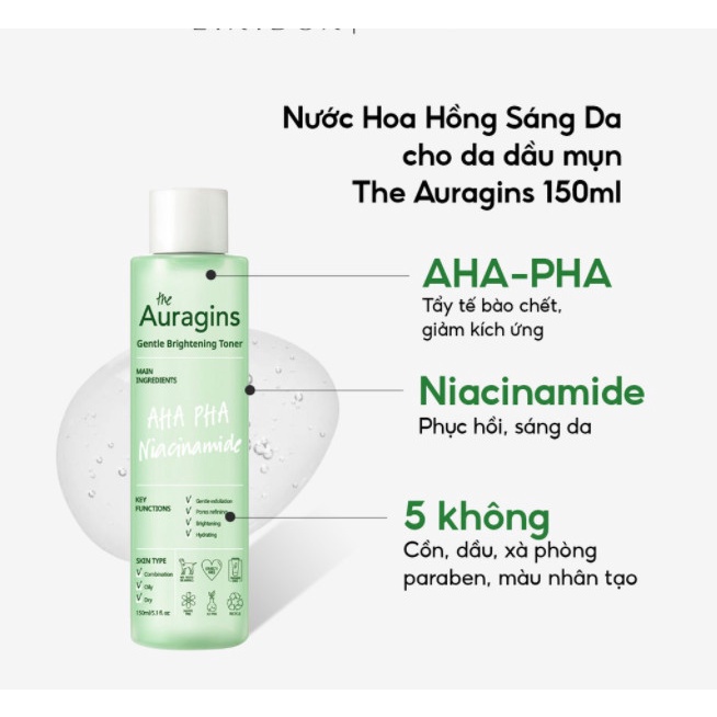 Nước hoa hồng sáng da The Auragins Gentle Brightening Toner với AHA-PHA 20ml & 150ml