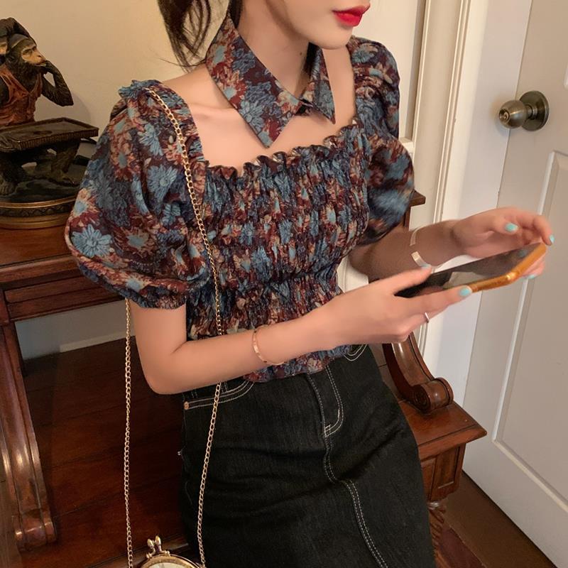 AMOI Áo Kiểu Tay Phồng Cổ Vuông Họa Tiết Hoa Phong Cách Retro Hàn Quốc