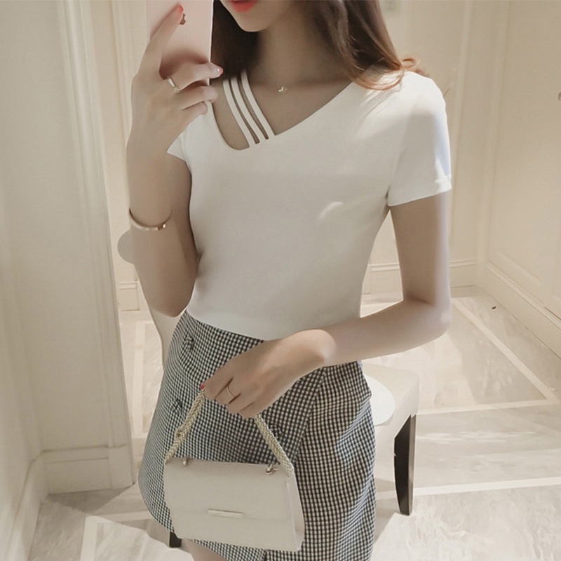 NRVP Áo thun dáng ôm tay ngắn cổ tròn thời trang mùa hè phong cách Hàn Quốc cho nữ