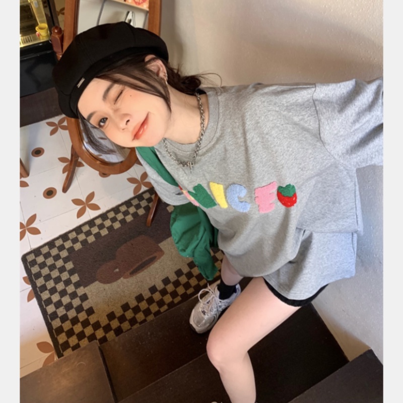 Áo Thun Tay Ngắn Cổ Tròn Dáng Rộng Thêu Chữ Thời Trang Trẻ Trung