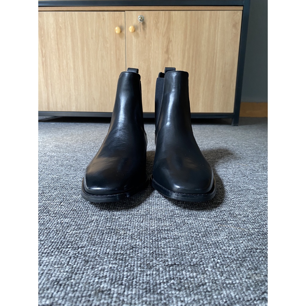 Giày Chelseaboots Classic Da Bò Mũi Vuông Đê Gót Gỗ Cao 3cm