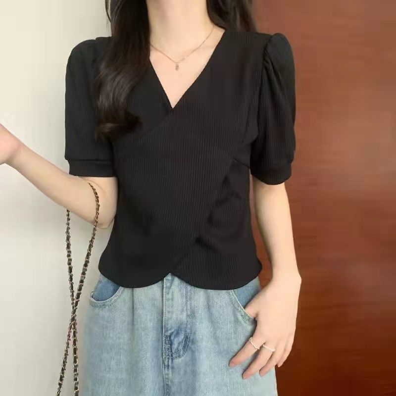Áo Thun Ngắn Tay Cổ Chữ V Vạt Chéo Ôm Dáng Eo Cao Thời Trang Dành Cho Nữ Plus Size