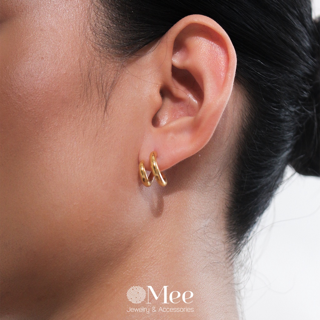 Khuyên tai titan JESMEE bông tai nữ thiết kế 2 vòng mạ vàng 18k - E6558