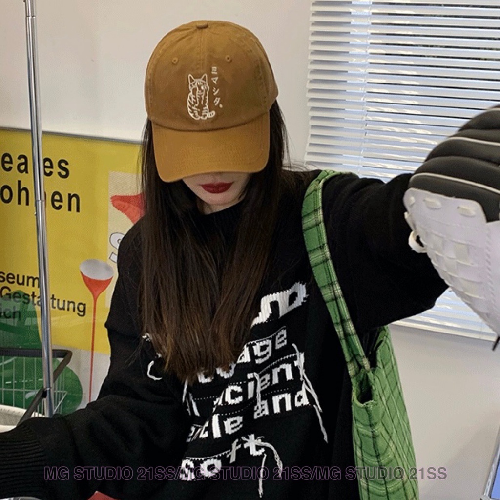 Mũ lưỡi trai MG STUDIO thêu chữ và hình mèo 6 màu tùy chọn