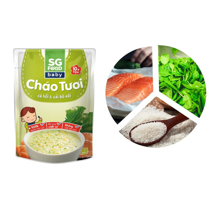 [CHÍNH HÃNG] Cháo Tươi SG Food Baby Cá Hồi &amp; Cải Bó Xôi Gói 240g (Tươi ngon như mẹ nấu)