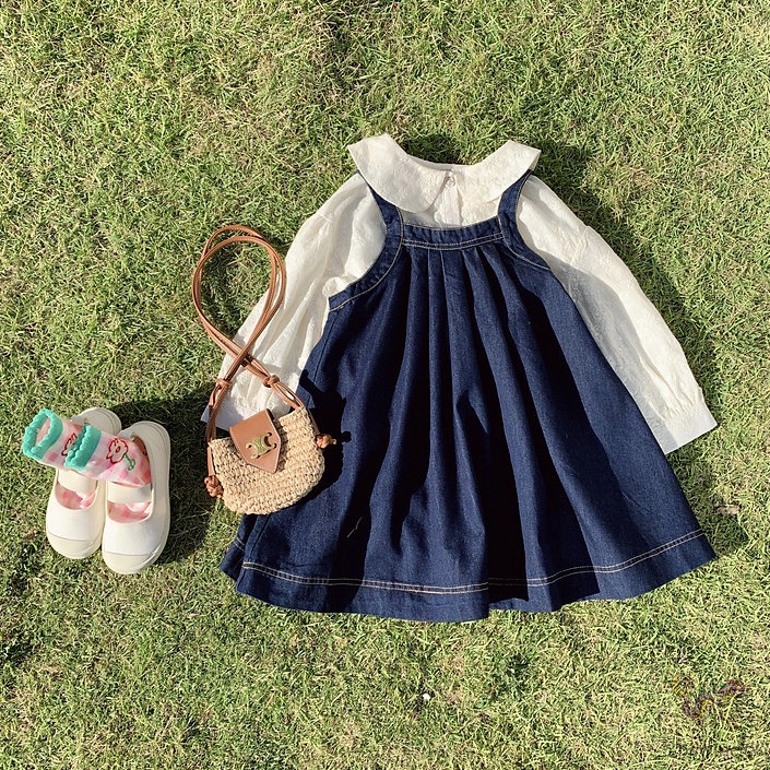 Bộ Đầm Yếm Denim + Áo Sơ Mi Thêu Họa Tiết Xinh Xắn Theo Phong Cách Hàn Quốc Dành Cho Bé Gái