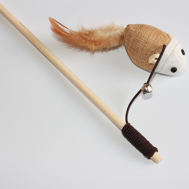 Cần câu đồ chơi cho mèo cán gỗ kèm chuông cần câu hình chuột lông vũ