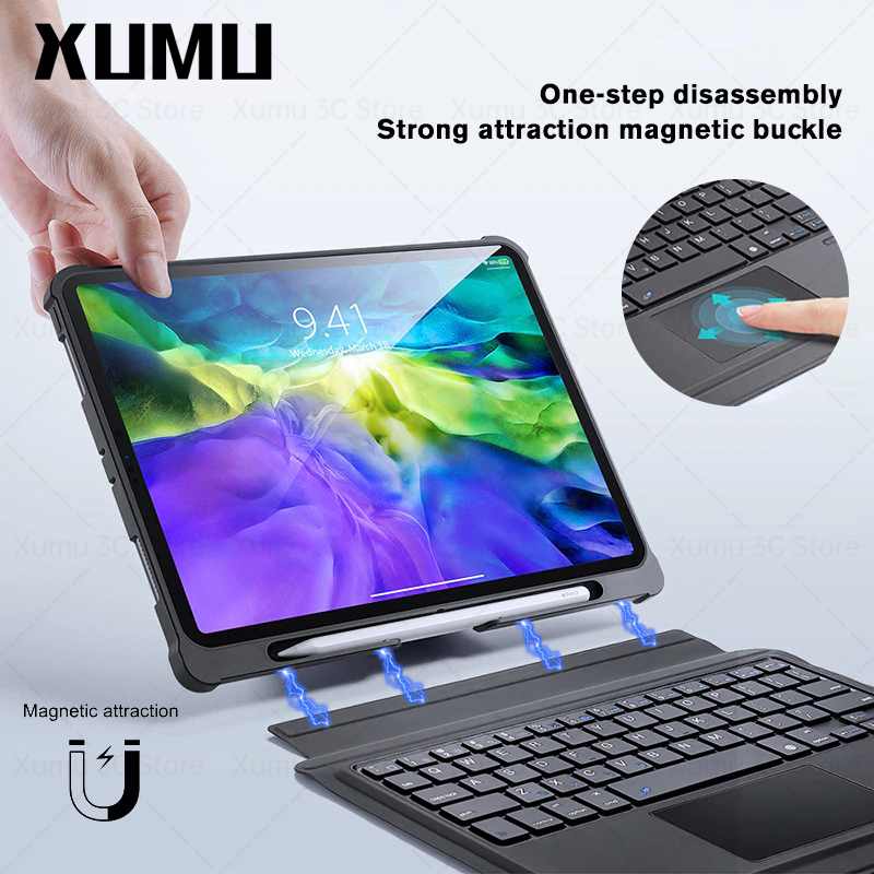 Xumu Multifunction Magic Magnetic Wireless Bluetooth Split Trackpad Keyboard LED light Backlit Backlight Case For iPad Pro 11 10.5 10.2 8th Gen Air 3 2 9.7 Air 4 4th Gen 10.9 inch 2020 2018 Detachable Anti-Drop With Pen Slot Leather Holder Stand Cover