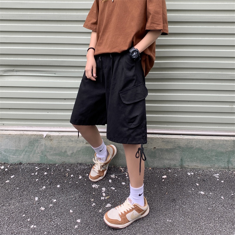 Quần ngắn ống rộng Lưng Cao Phối Dây Rút Có 3 Màu Thời Trang Retro Cho Nữ