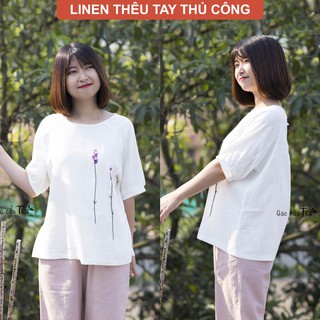 Áo thêu tay vải LINEN hoa lavender (hàng đặt may) - Gác của Tea