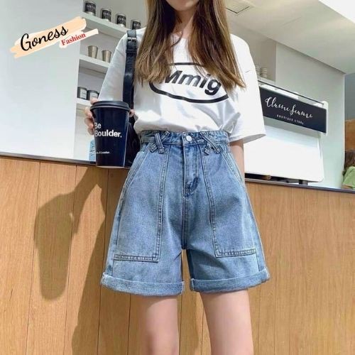 Quần short jeans nữ Goness cạp cao trơn màu xanh denim phong cách Hàn Quốc qs256