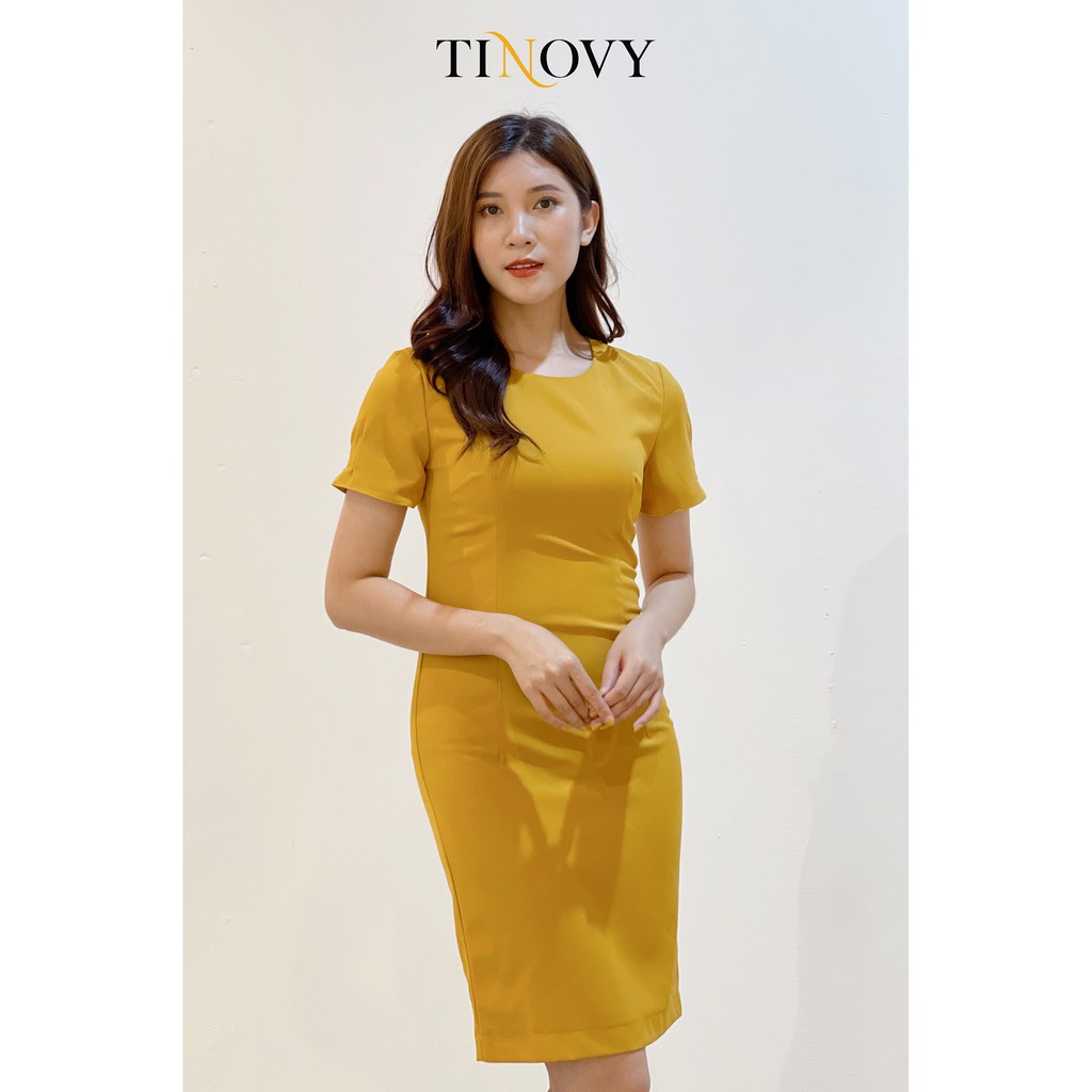 Váy Đầm Nữ Dáng Ôm Cổ Tròn Tay Cộc Màu Vàng Hiện Đại Thời Trang Nũ Công Sở TINOVY 206-0628V