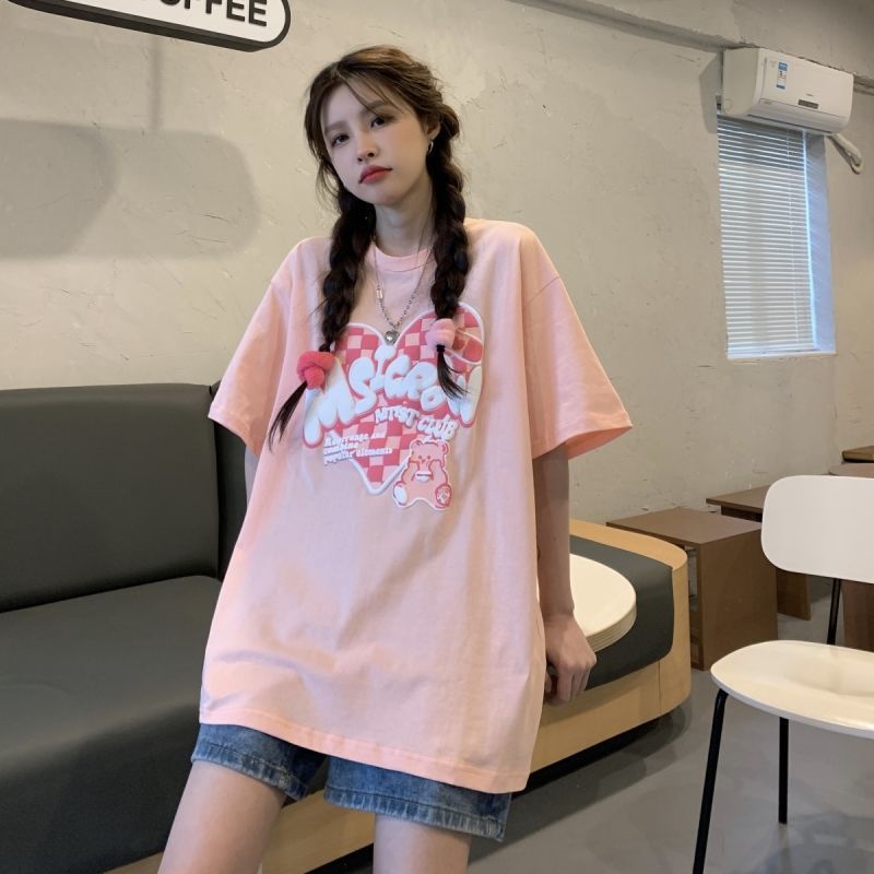 Áo Thun Ngắn Tay In Hình Trái Tim Dễ Thương Phong Cách Retro Hợp Mùa Hè