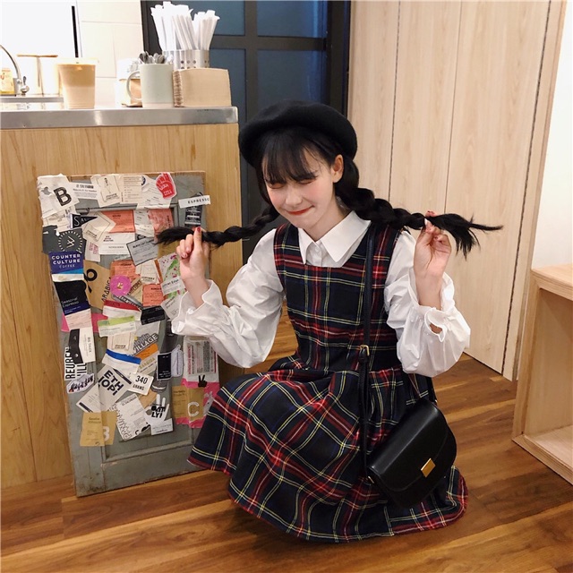 Set váy caro kèm áo sơmi tay bồng ( caro yếm đỏ ) | BigBuy360 - bigbuy360.vn