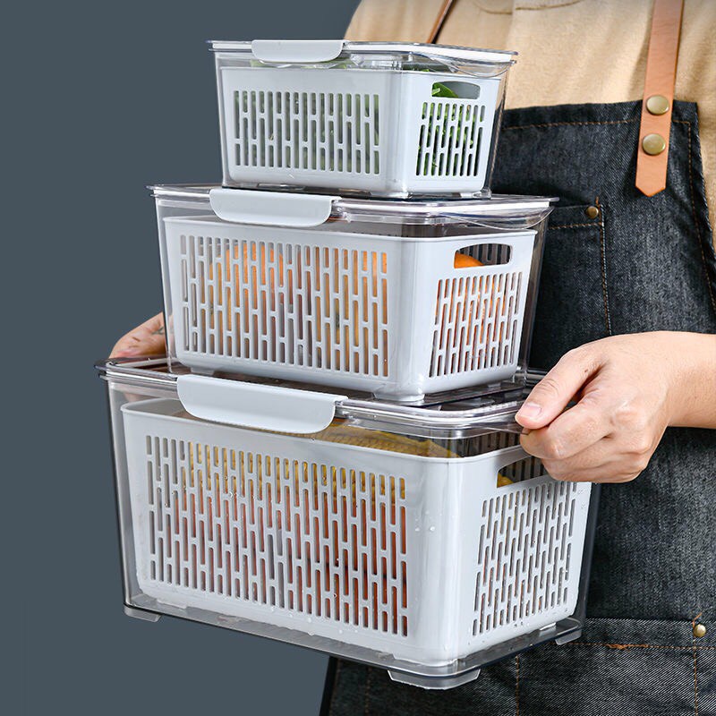 (Chính Hãng) Hộp Nhựa Đựng Thực Phẩm Tủ Lạnh 2 Lớp Có Lỗ Thoát Nước Khóa Thoát Khí Dễ Dàng Bảo Quản Rau Củ