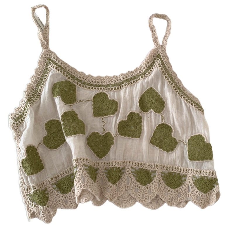 Áo Croptop Hai Dây Dệt Kim Chất Liệu Cotton Lanh Thêu Họa Tiết Trái Tim Xinh Xắn Cho Nữ