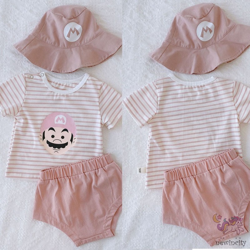 Bộ đồ 3 món áo ngắn tay in hình hoạt họa + quần + mũ thời trang hè cho bé