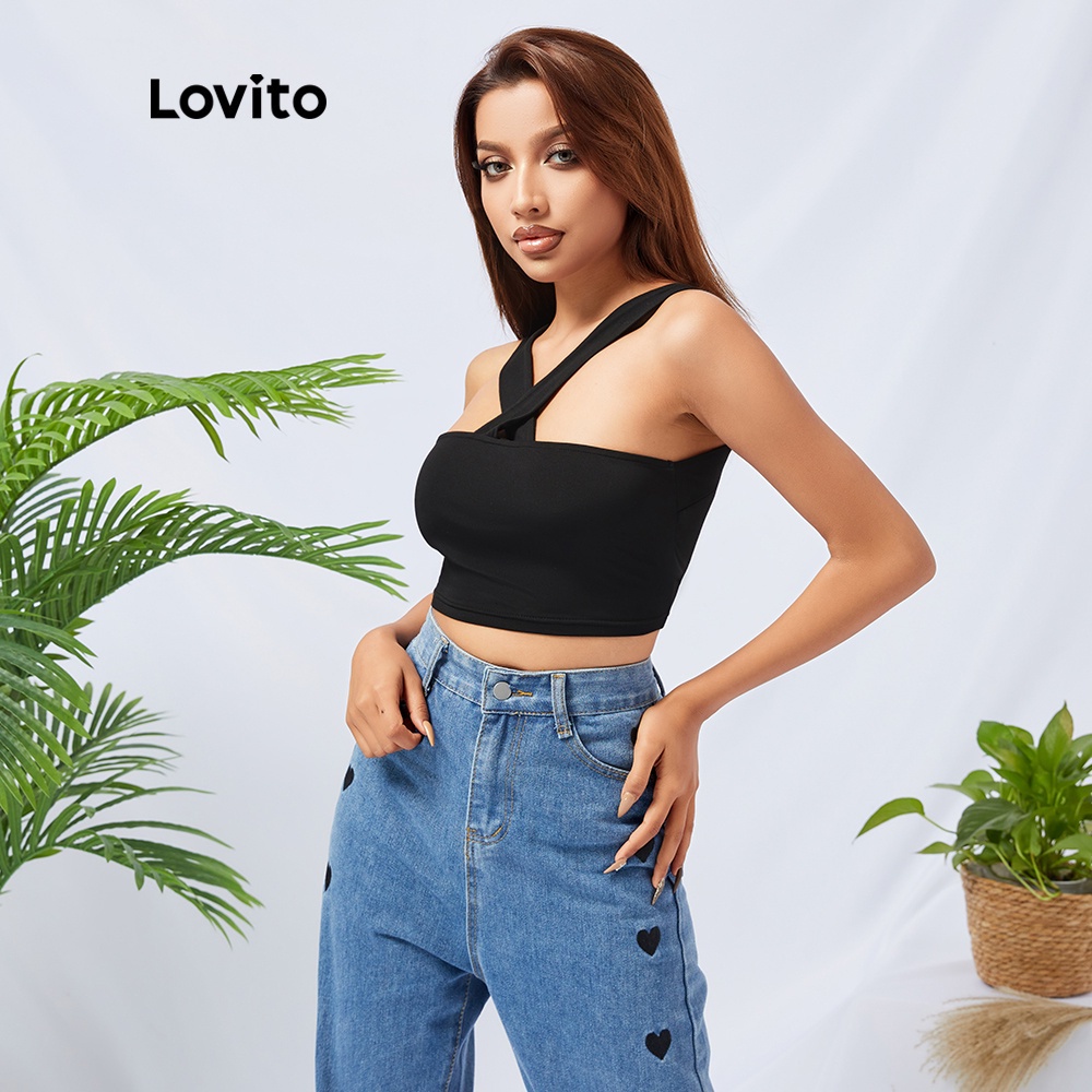 Áo tank Lovito top cổ yếm màu đen L11074
