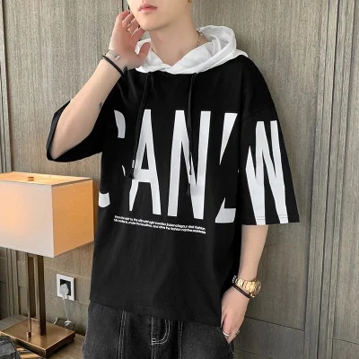 Áo Thun Có Mũ Trùm Tay Ngắn Dáng Rộng In Họa Tiết Vải cotton Thời Trang Mùa Hè Mới Cho Nam