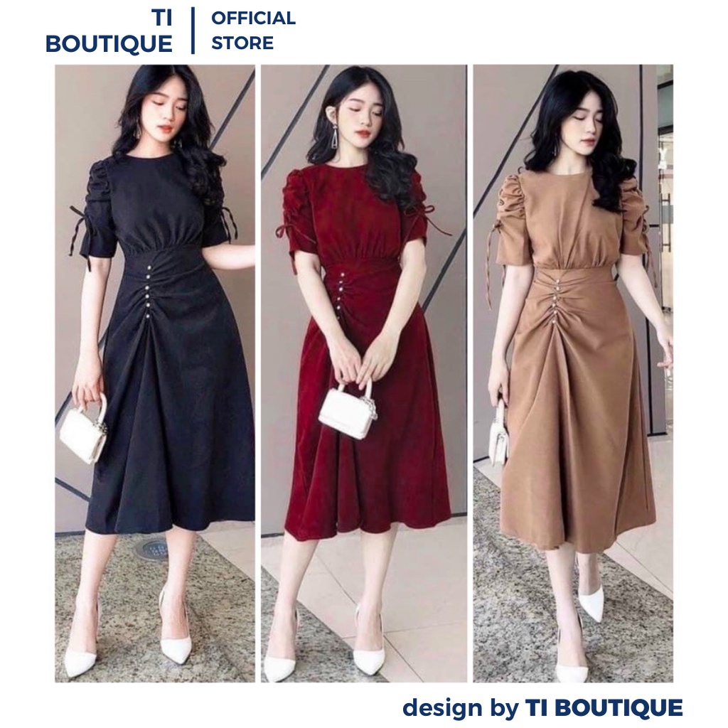 Đầm Váy Nữ Cổ Thuyền Tay Lửng Có Dây Rút Thắt Nơ Cách Điệu, Đầm Đi Tiệc Dáng Dài Nhún Eo Phối Nút Lệch