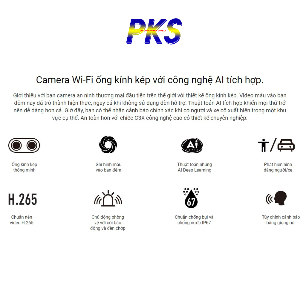Camera IP WIFI chống nước cao cấp EZVIZ C3X CS-CV310 2.0Mpx, ghi hình màu ban đêm, tích hợp AI - Hàng chính hãng