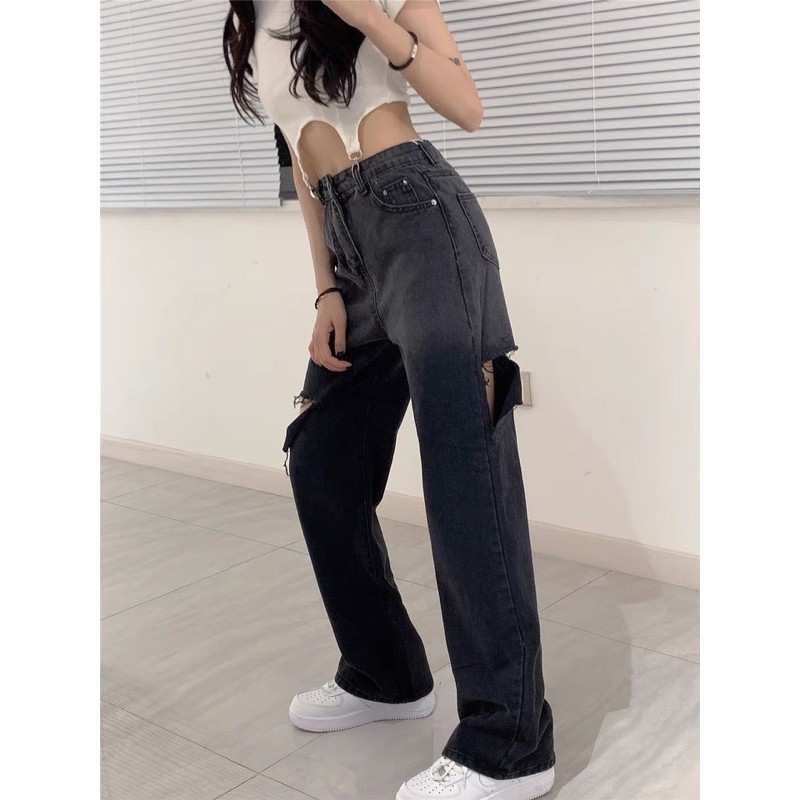 QUẦN JEAN ỐNG RỘNG - Suông Dài Lưng Siêu Cao - RÁCH TO L SOLE TRƯỚC SAU