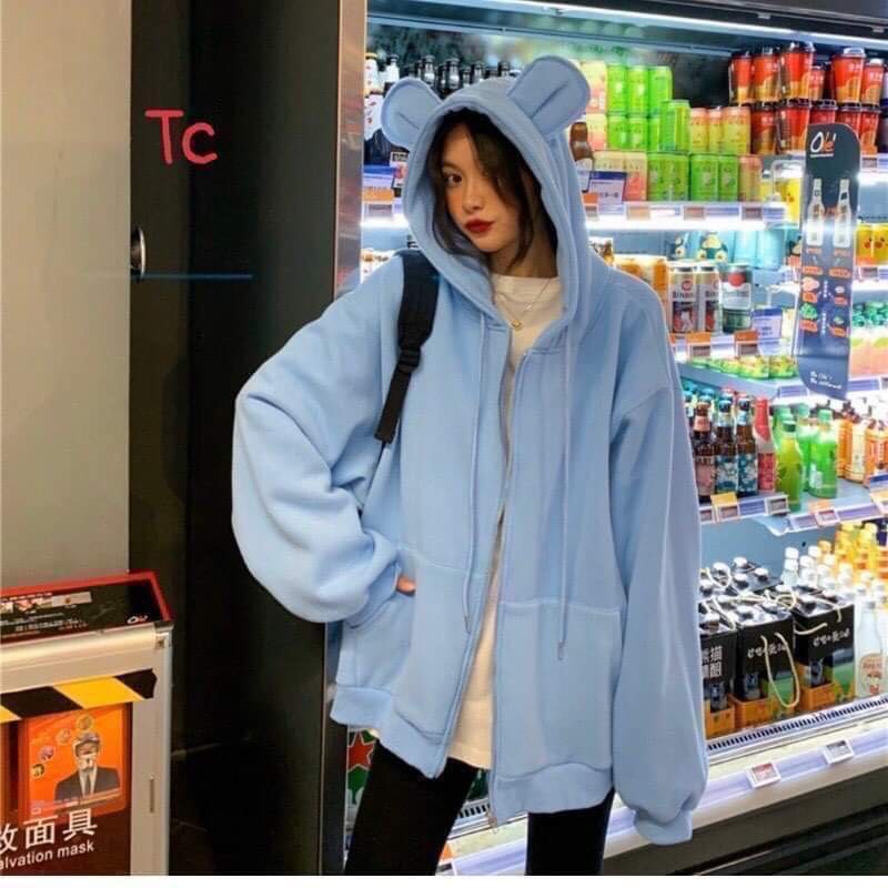 [ SẴN HÀNG ] Áo Khoác Nữ Tai Thỏ GẤU- Chất Vải Nỉ Cotton From Rộng Unisex Nón 2 Lớp