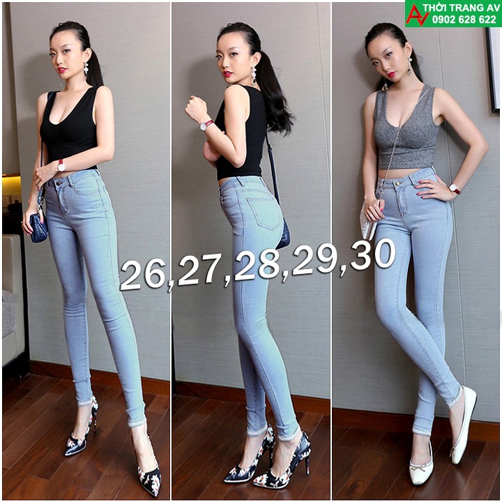 Quần jean nữ lưng cao ống ôm xắn lai màu xanh lợt - AV6175