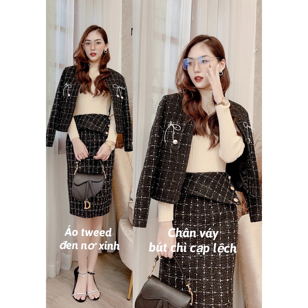 Set dạ kẻ đen Cherry