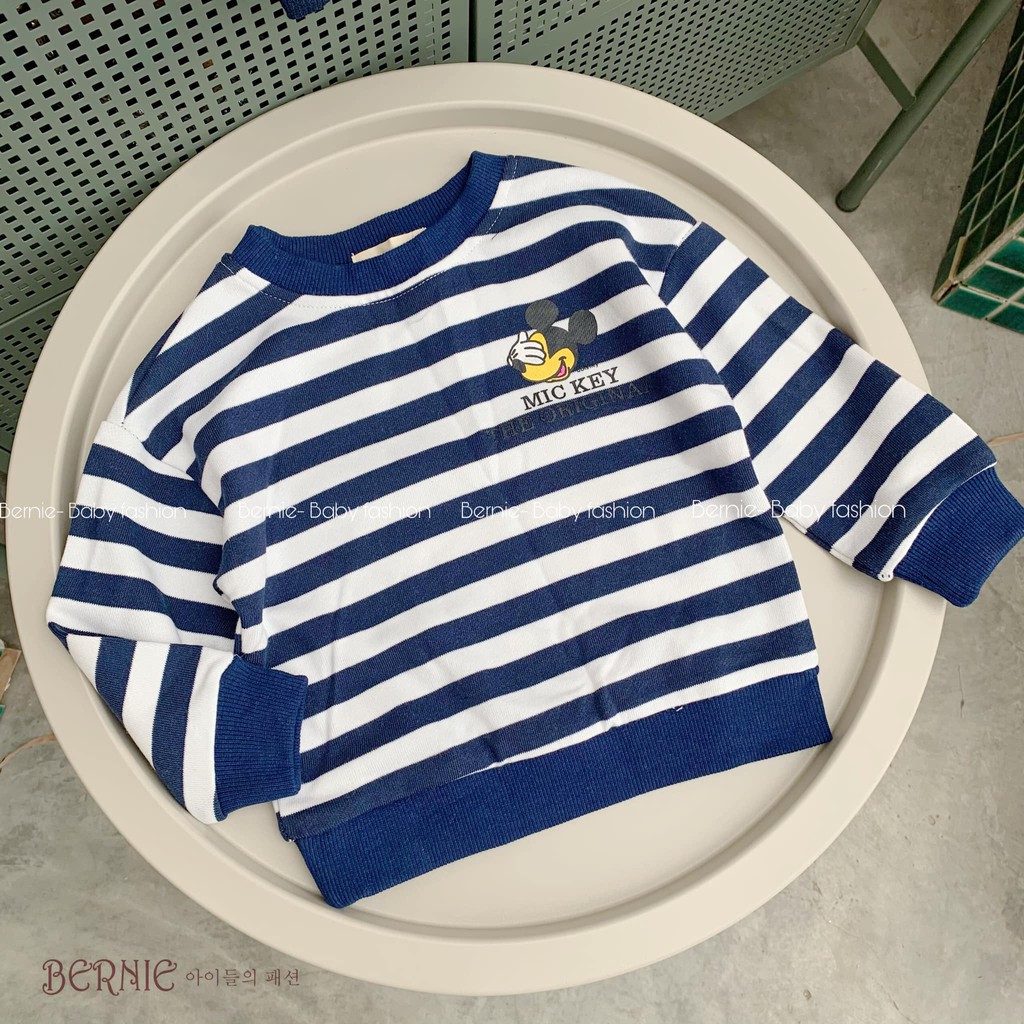 Áo nỉ cho bé - Áo nỉ da cá phong cách Unisex kẻ xanh hình Mickey cực xinh cho bé