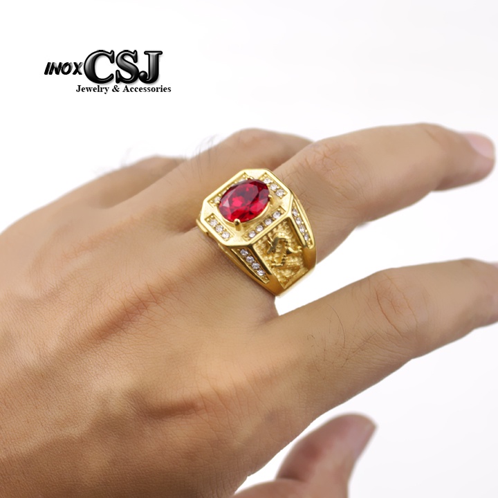 Nhẫn inox nam mạ vàng 24k đính đá phong thủy theo tuổi, màu đỏ, đen, xanh dương, xanh lá