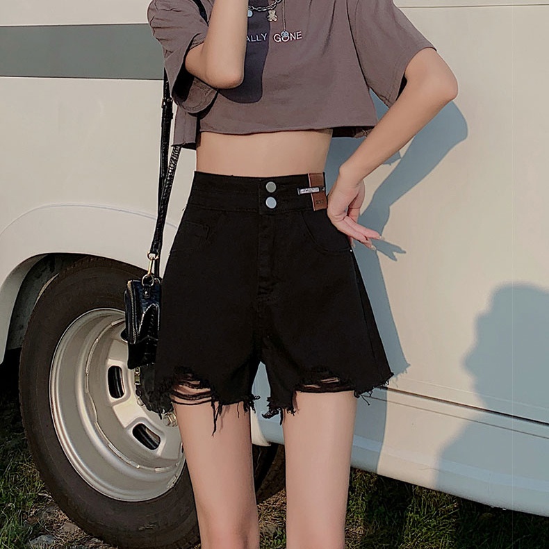 Quần Short Denim Lưng Cao Màu Đen Phong Cách Retro Hàn Quốc Thời Trang Cho Nữ