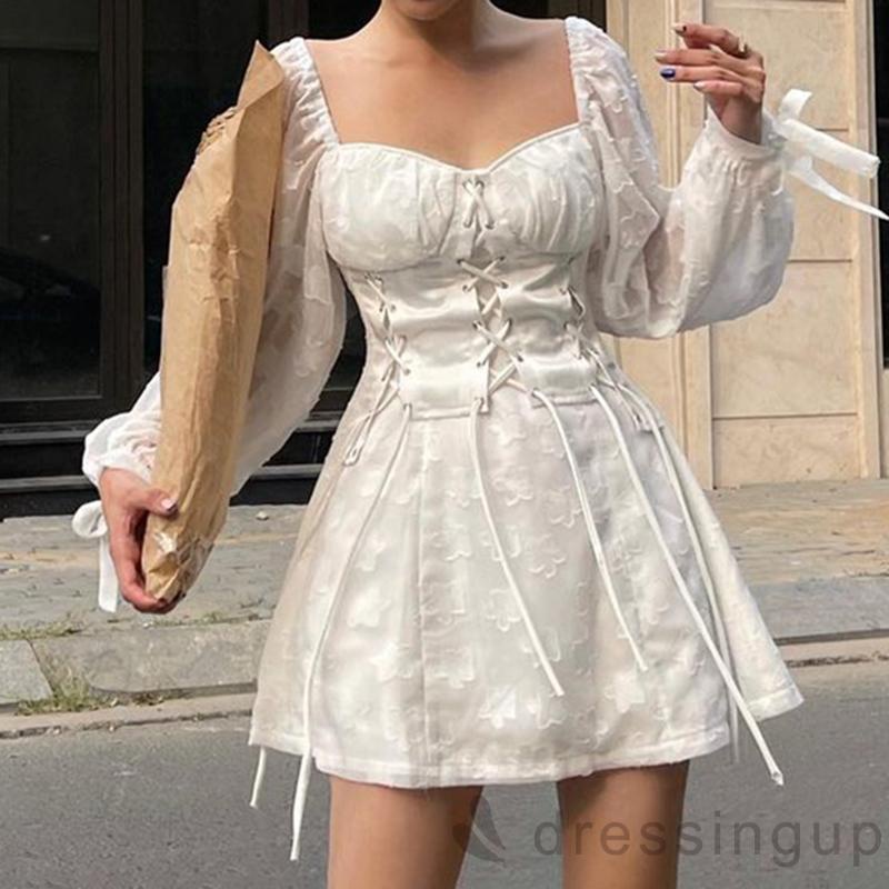 DRE-Women Summer Short A-line Dress,Mesh Sheer Puff Sleeve Square Neck Dress