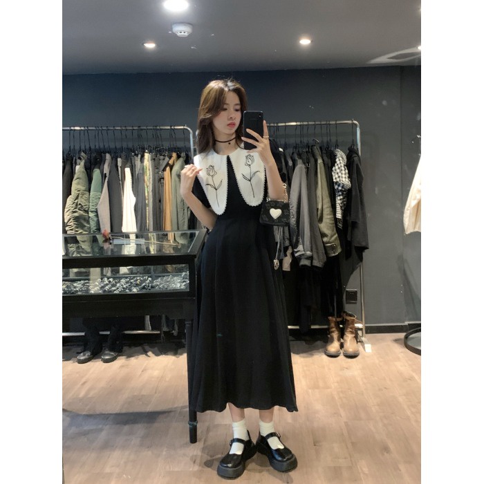 Đầm Dáng Chữ A Dài Qua Gối Cổ Búp Bê Thêu Họa Tiết Màu Sắc Tương Phản Thời Trang Mùa Hè Cho Nữ