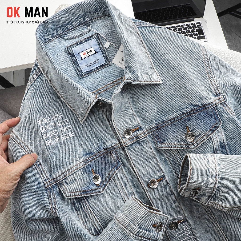 Áo khoác jean nam in hình cao cấp, form slimfit, 2 màu, co giãn tốt, OkMan