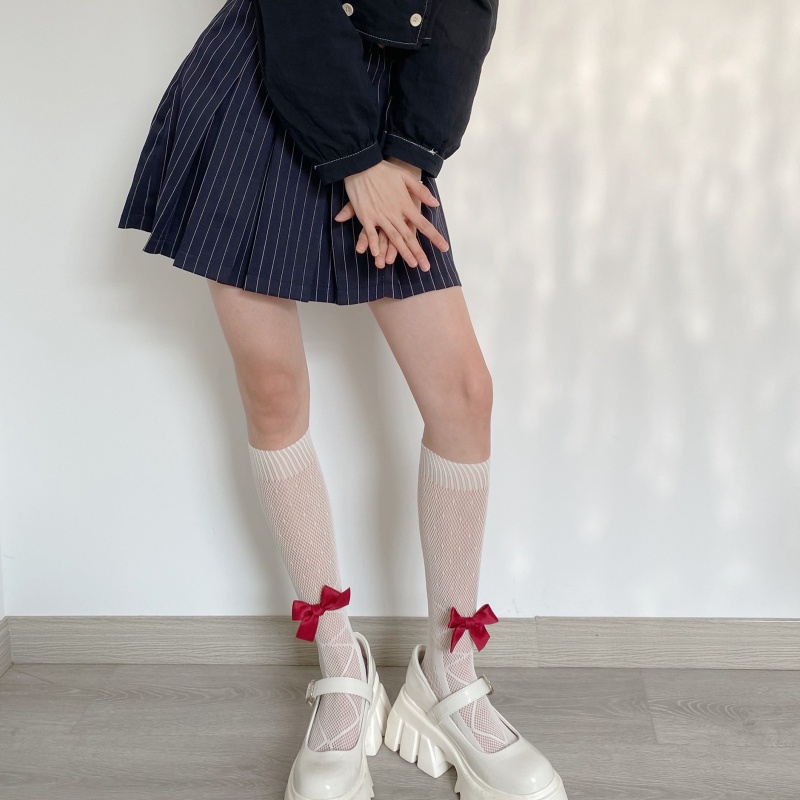 Xixi Tất Lưới Dài Tới Bắp Chân Họa Tiết Chấm Bi Thắt Nơ Phong Cách Preppy Nhật Bản Ngọt Ngào Cho Nữ