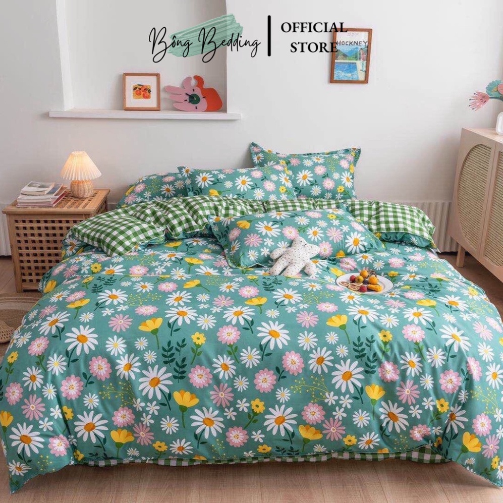 Bộ Chăn Ga Gối Cotton Poly Hoa Xanh Ga Caro