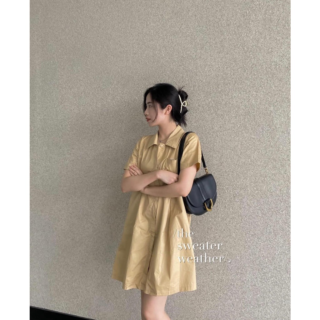 Đầm - Váy sơ mi thô chữ A túi ngực hai màu