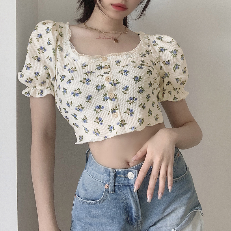 Áo Croptop Thun đan Eo Nữ / Mùa Hè / Thời Trang / Tay áo Phồng / In Hoa / Lên Trên