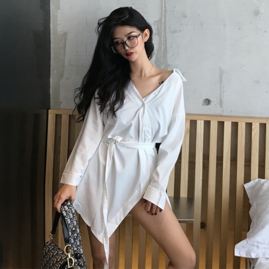 Áo sơ mi kiểu tay dài màu trắng &amp; đen HAF48 Hỉn Hỉn Store