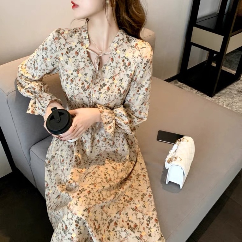 Đầm nữ in hoa tay dài thời trang retro phong cách Hàn Quốc
