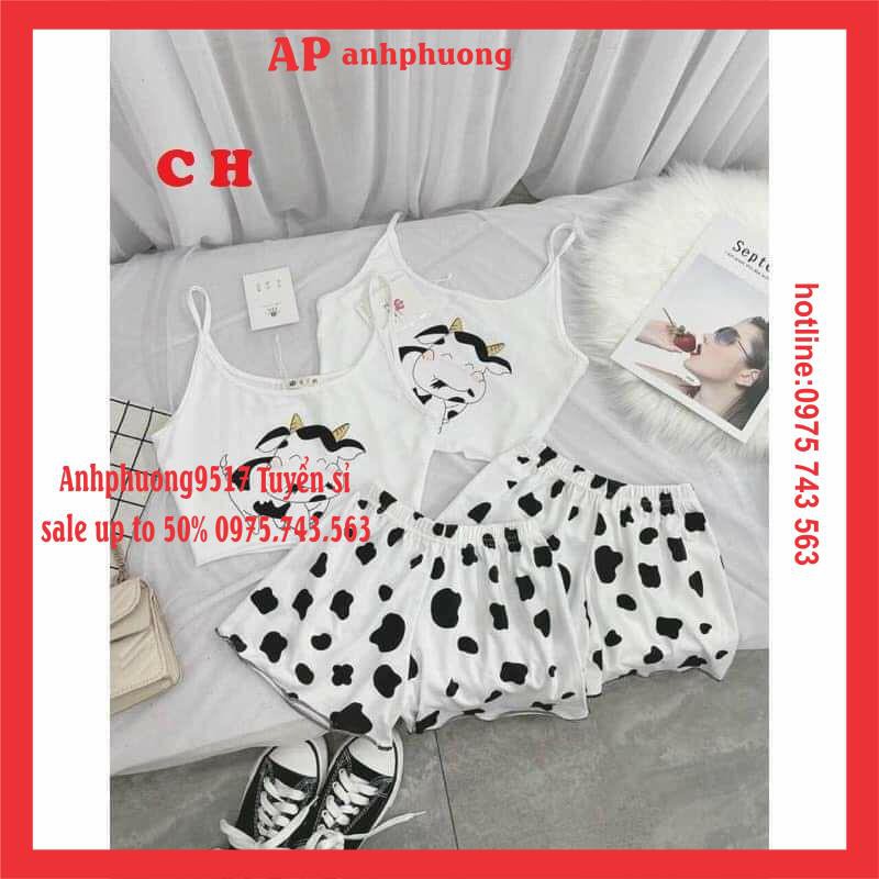 Sét Bộ Nữ Áo Croptop+  Áo 2 dây Bò Sữa + Quần Short Loang 🦋 Đồ Ngủ Mặc Nhà  Họa tiết Hoạt hình Unisex; Sexy; Kute